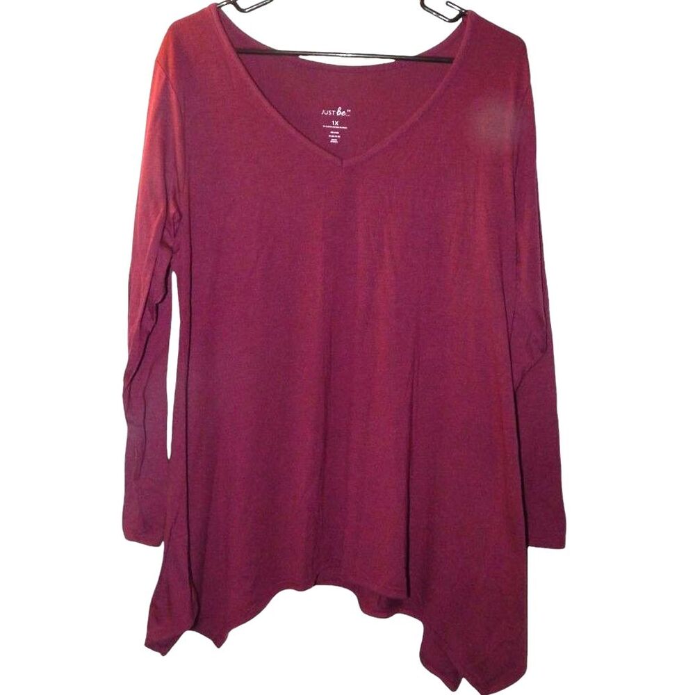 JUST BE women's plus size 1x solid plum purple sharkbite long sleeve blouse